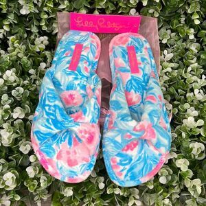 Lilly Pulitzer Bondi Blue My Little Peony Velour Terry Slippers 7/8 NEW